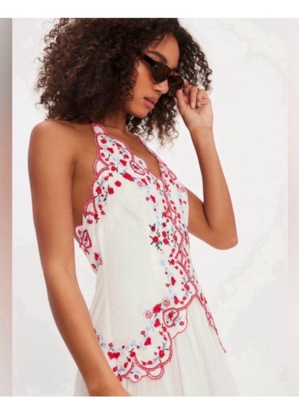 Free People Valenciana White Midi Dress with Red Embroidered Bodice